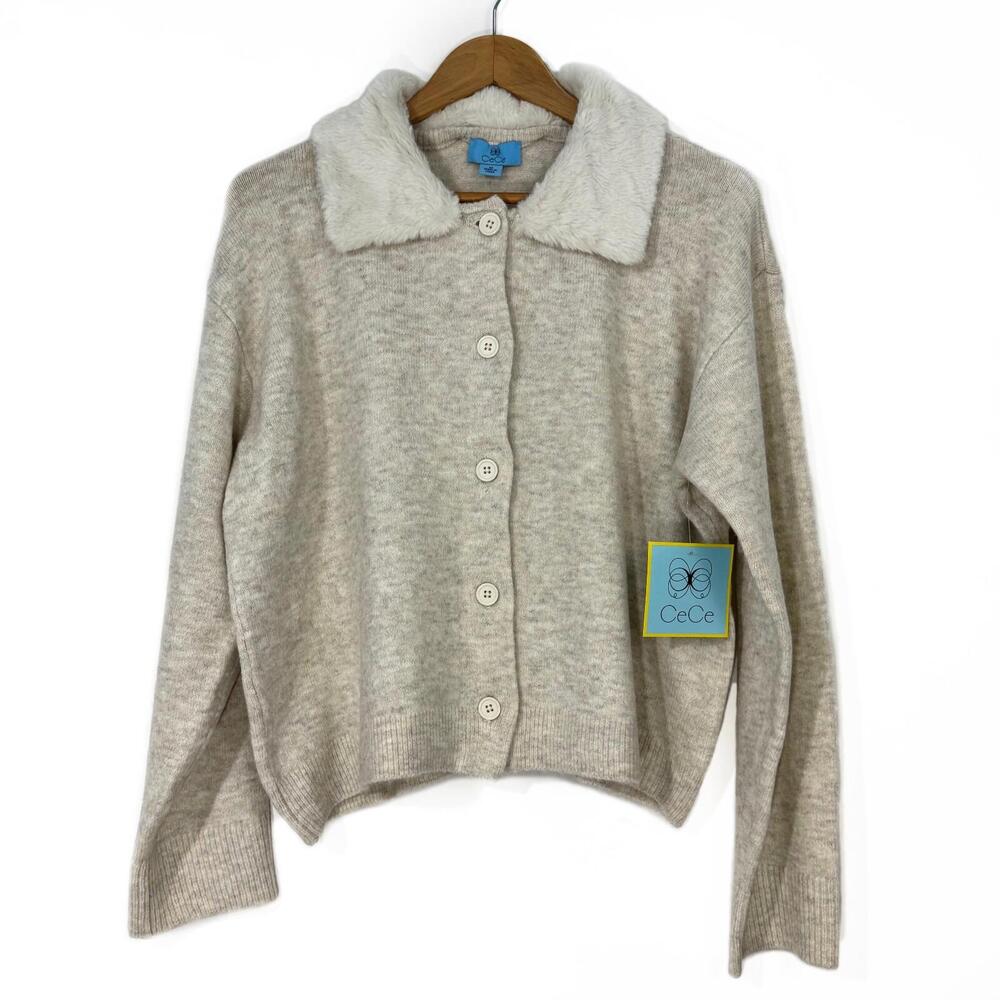 CeCe Women’s Size Medium Malted Beige Faux Fur Collar Acrylic Knit Cardigan